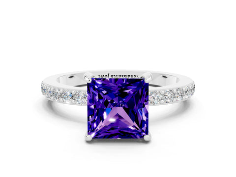 White gold Princess Cut Tanzanite Solitaire Engagement Ring with Pavé Band and Four-Prong Setting