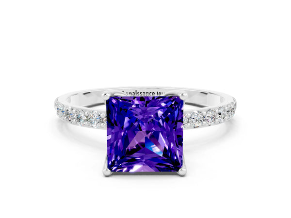 Platinum Princess Cut Tanzanite Solitaire Engagement Ring with Round  Pavé Band and Prong Setting