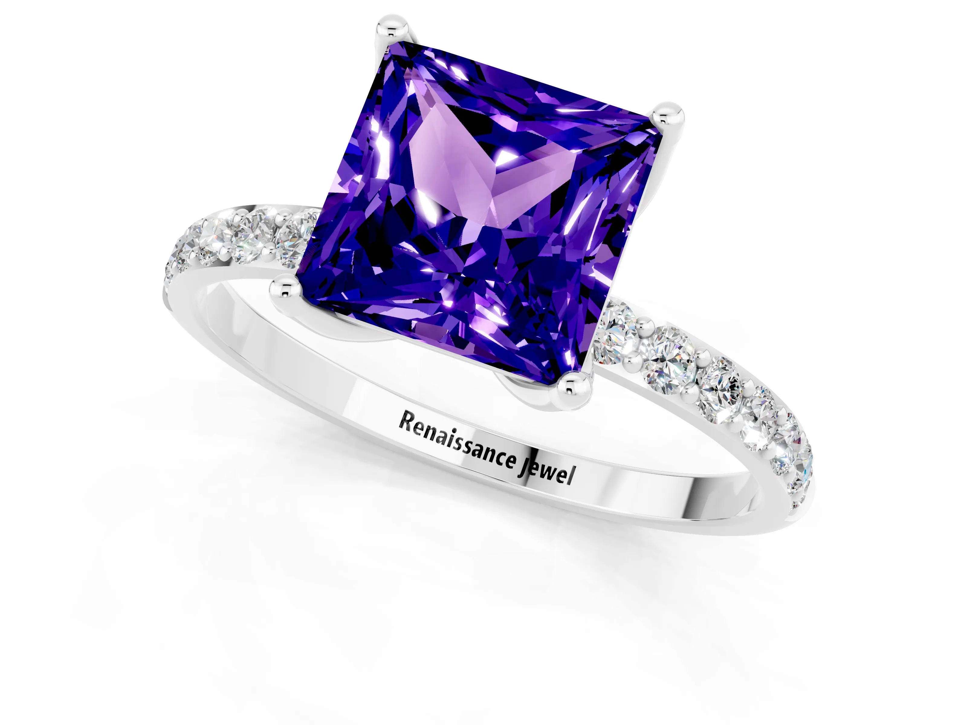 White gold Princess Cut Tanzanite Solitaire Engagement Ring with Pavé Band and Prong Setting_1