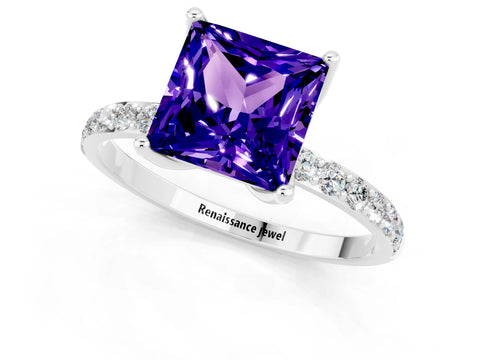White gold Princess Cut Tanzanite Solitaire Engagement Ring with Pavé Band and Prong Setting_1