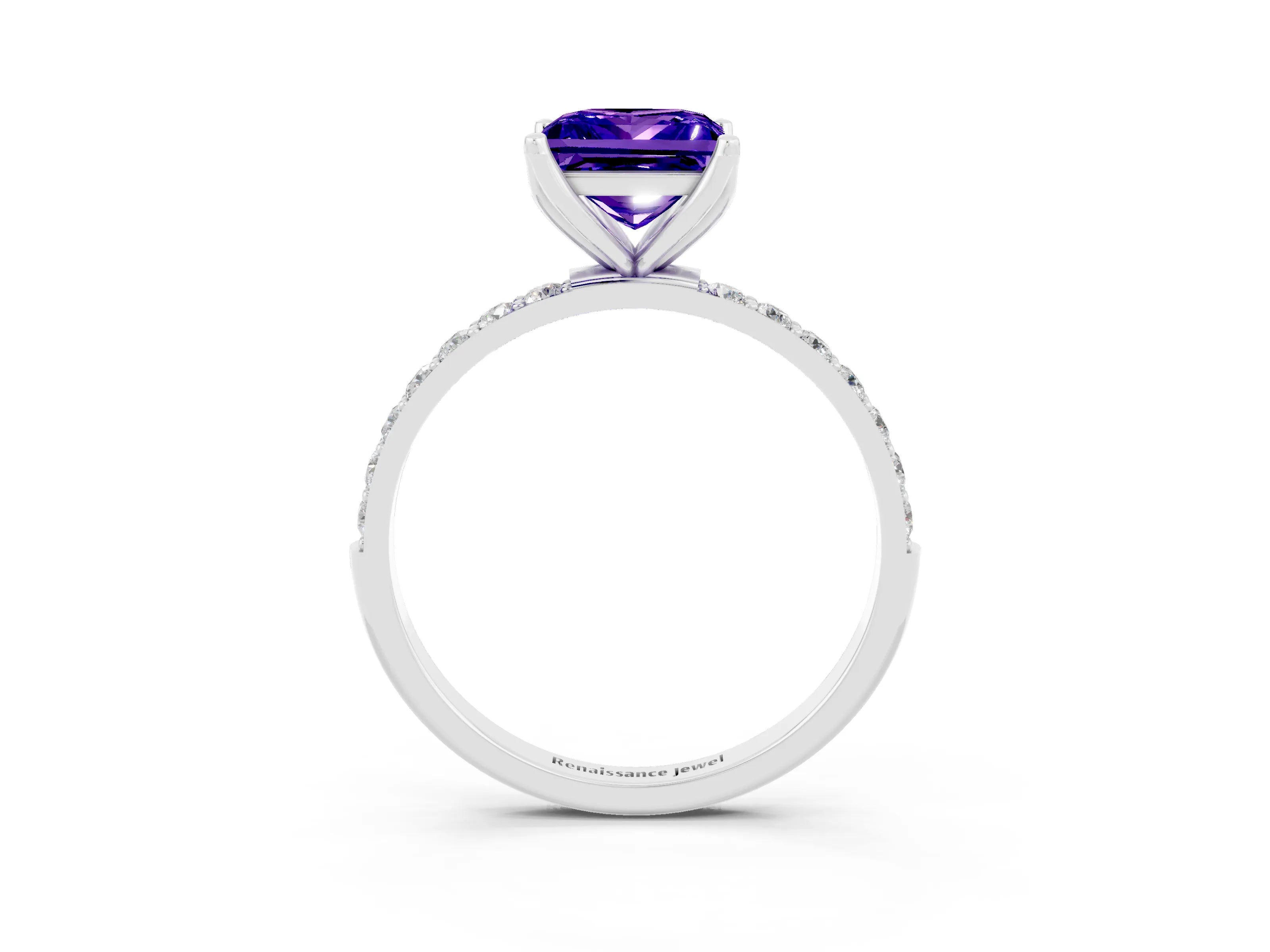 White gold Princess Cut Tanzanite Solitaire Engagement Ring with Pavé Band and Prong Setting_3
