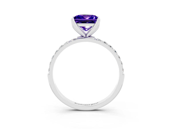 White gold Princess Cut Tanzanite Solitaire Engagement Ring with Round  Pavé Band and Prong Setting