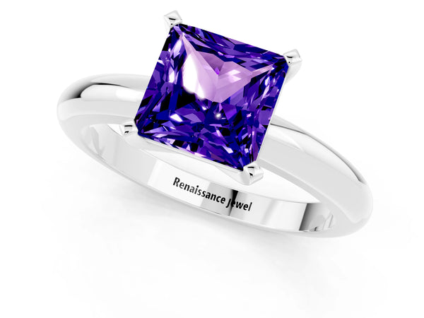 Platinum Princess Cut Tanzanite Solitaire Engagement Ring with Round Band and Four-Prong Setting