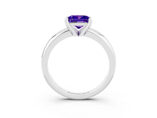White gold Princess Cut Tanzanite Solitaire Engagement Ring with Round Band and Four-Prong Setting