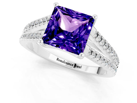 White gold Princess Cut Tanzanite Solitaire Engagement Ring with Split Shank Pavé Band_1