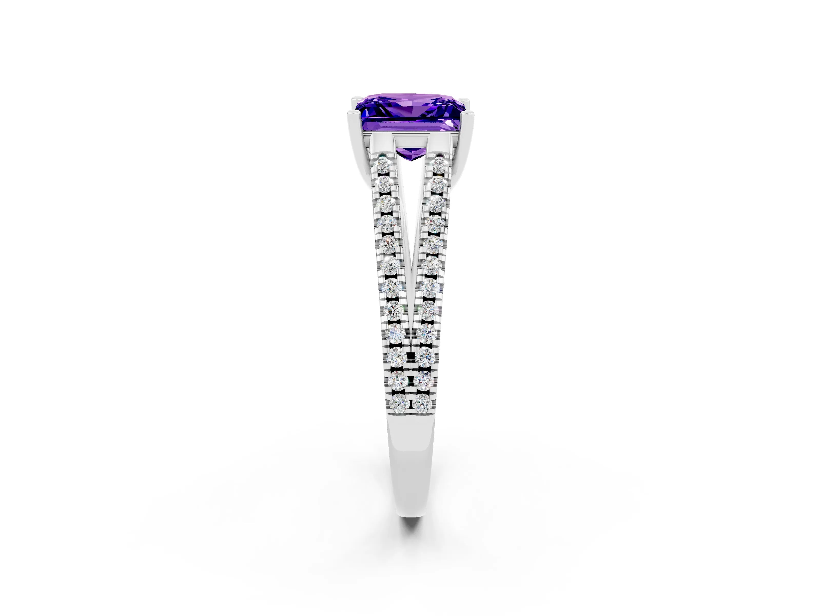White gold Princess Cut Tanzanite Solitaire Engagement Ring with Split Shank Pavé Band_2
