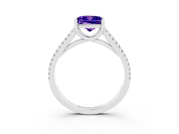 Silver Princess Cut Tanzanite Solitaire Engagement Ring with Split Shank Pavé Band