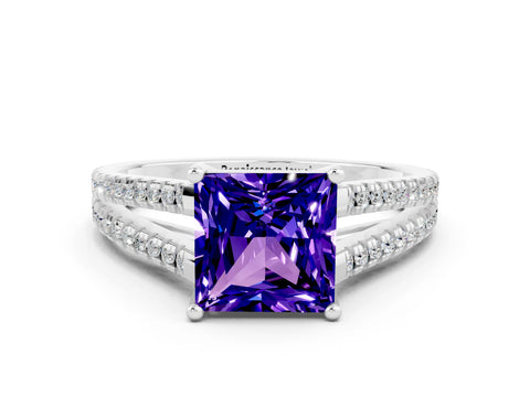 White gold Princess Cut Tanzanite Solitaire Engagement Ring with Split Shank Pavé Band