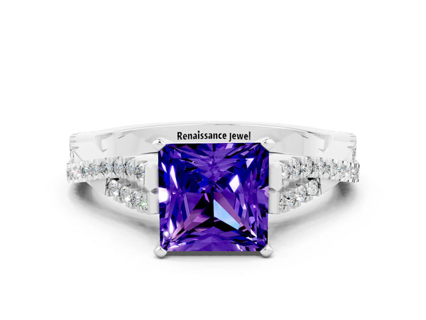 Silver Princess Cut Tanzanite Solitaire Engagement Ring with Twisted Pavé Band and Four-Prong Setting