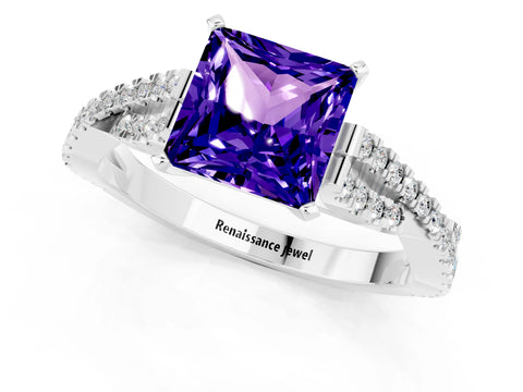 White gold Princess Cut Tanzanite Solitaire Engagement Ring with Twisted Pavé Band and Four-Prong Setting_13
