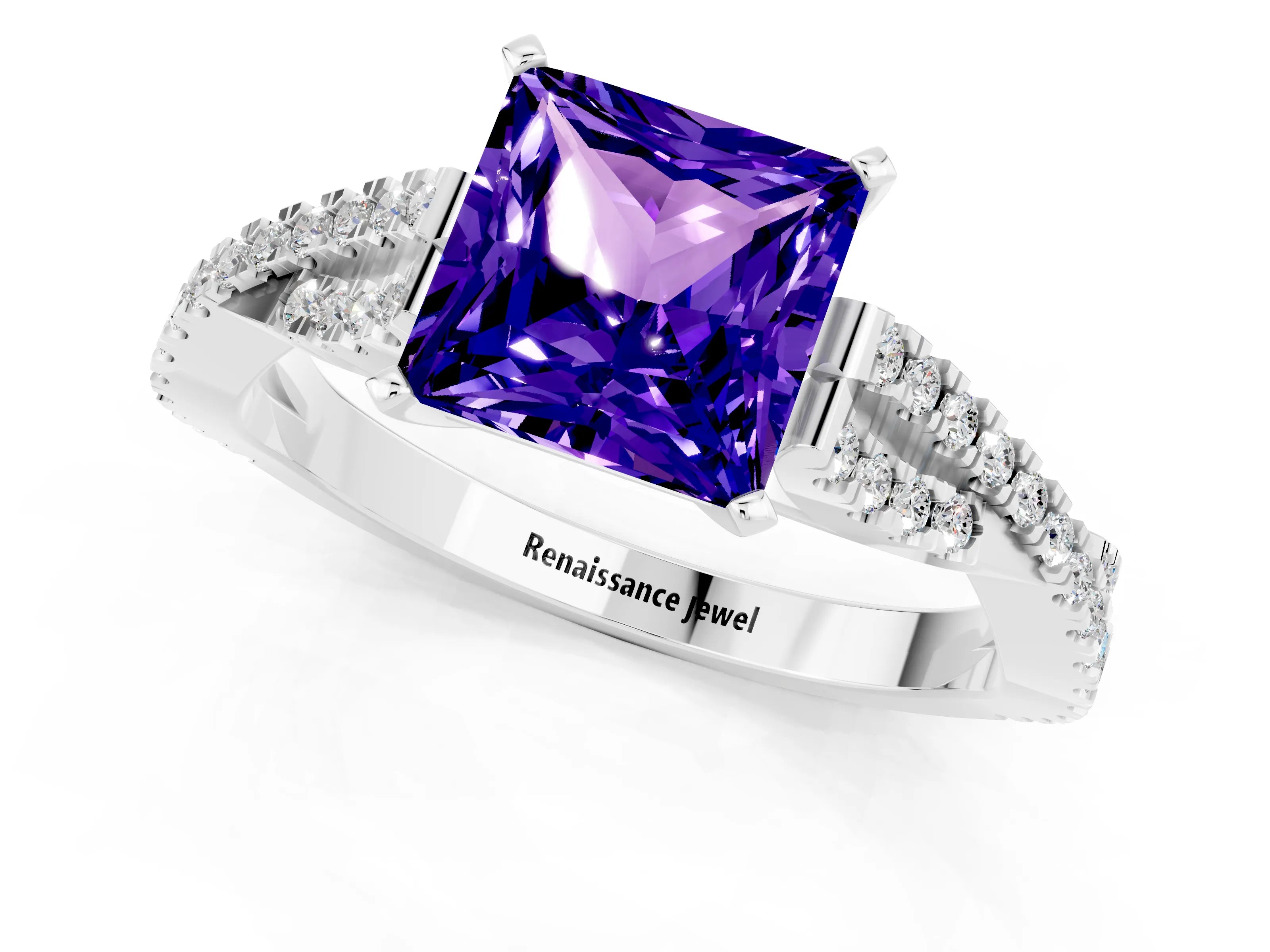 White gold Princess Cut Tanzanite Solitaire Engagement Ring with Twisted Pavé Band and Four-Prong Setting_13