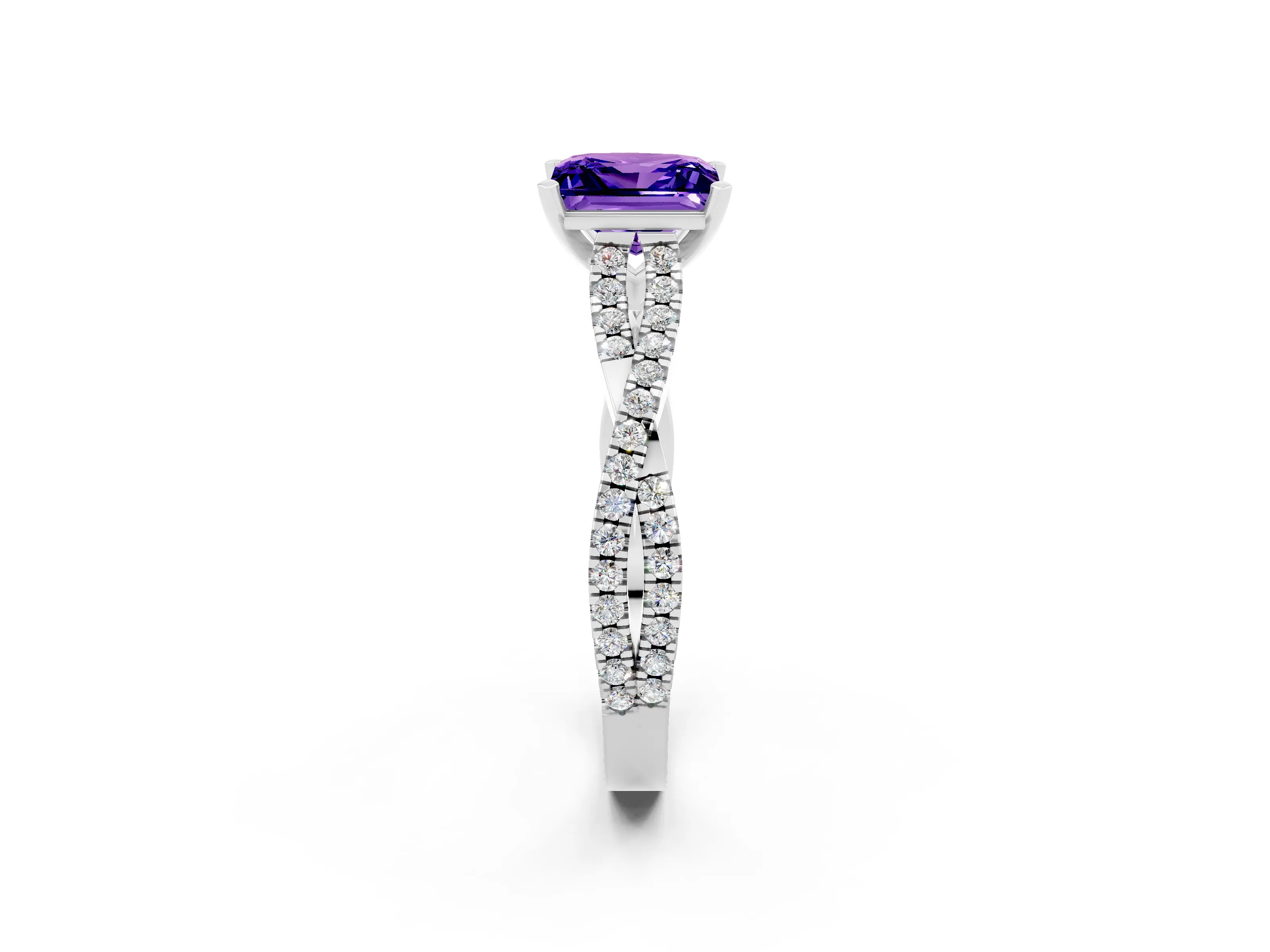 White gold Princess Cut Tanzanite Solitaire Engagement Ring with Twisted Pavé Band and Four-Prong Setting_14