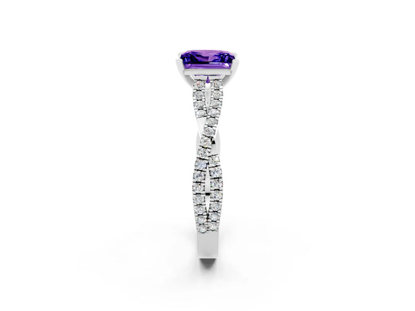 White gold Princess Cut Tanzanite Solitaire Engagement Ring with Twisted Pavé Band and Four-Prong Setting
