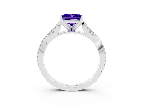 Silver Princess Cut Tanzanite Solitaire Engagement Ring with Twisted Pavé Band and Four-Prong Setting