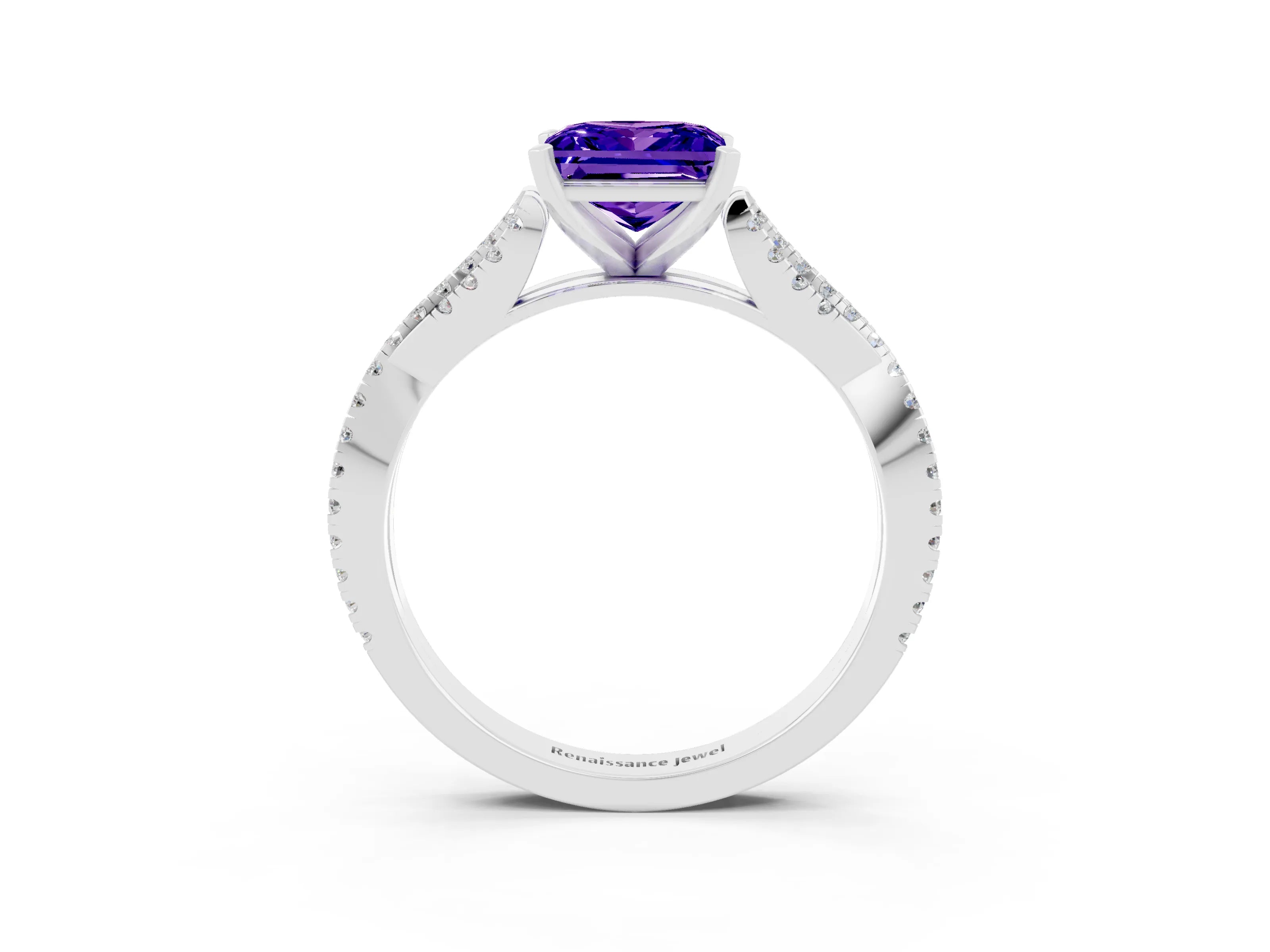 White gold Princess Cut Tanzanite Solitaire Engagement Ring with Twisted Pavé Band and Four-Prong Setting_15