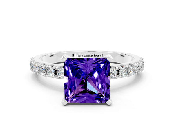Platinum Princess Cut Tanzanite Solitaire Pavé Band with Four-Prong Setting