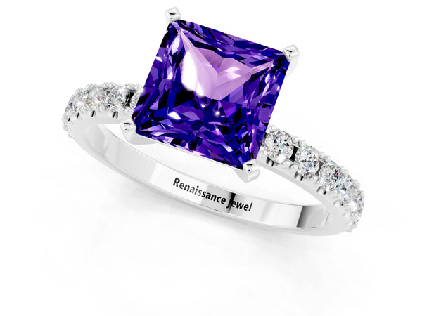 Platinum Princess Cut Tanzanite Solitaire Pavé Band with Four-Prong Setting