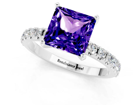 White gold Princess Cut Tanzanite Solitaire Pavé Band with Four-Prong Setting_1