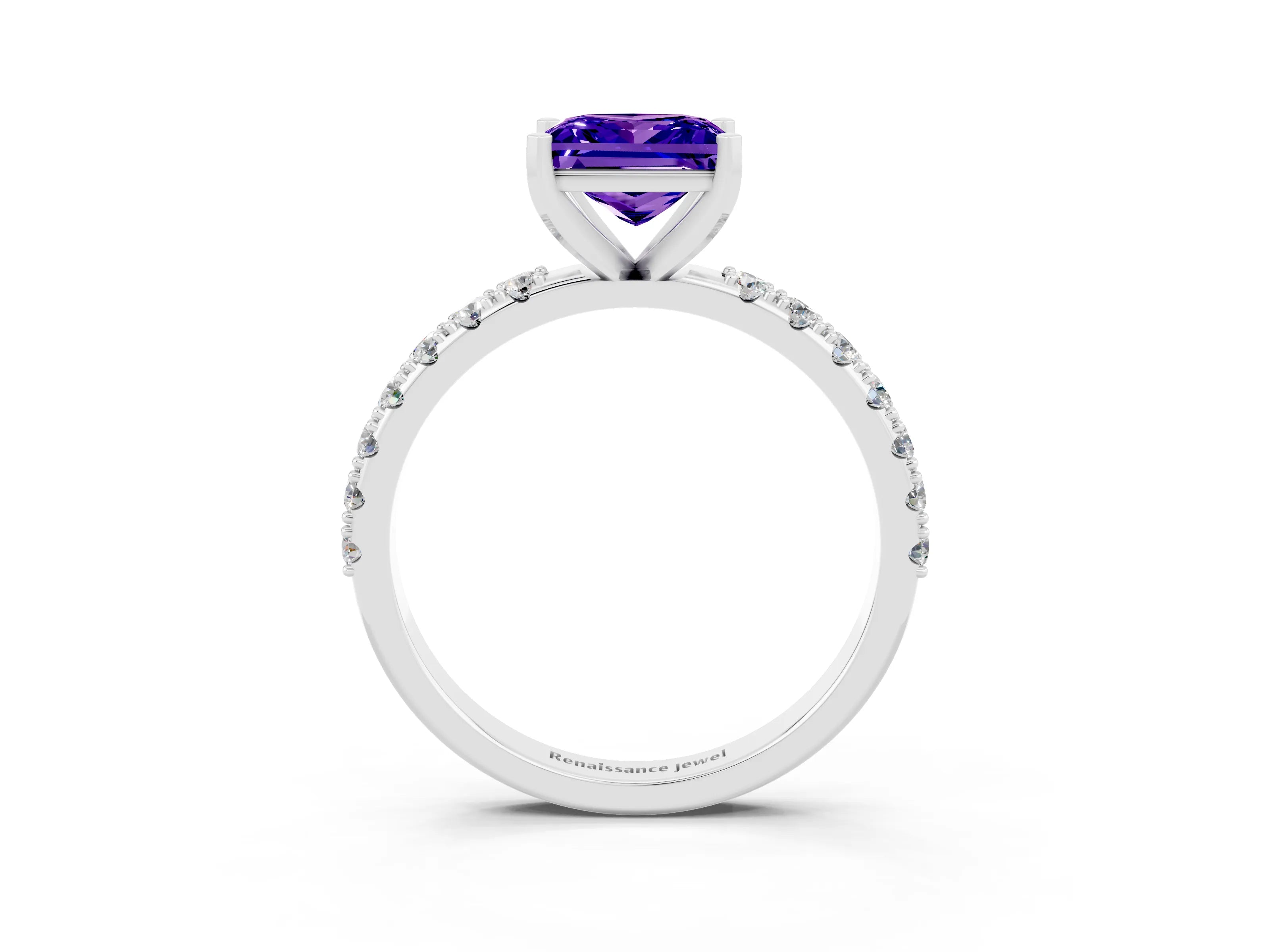 White gold Princess Cut Tanzanite Solitaire Pavé Band with Four-Prong Setting_3