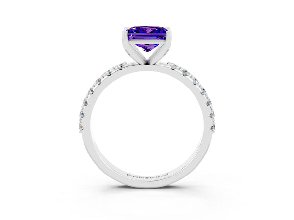 Platinum Princess Cut Tanzanite Solitaire Pavé Band with Four-Prong Setting