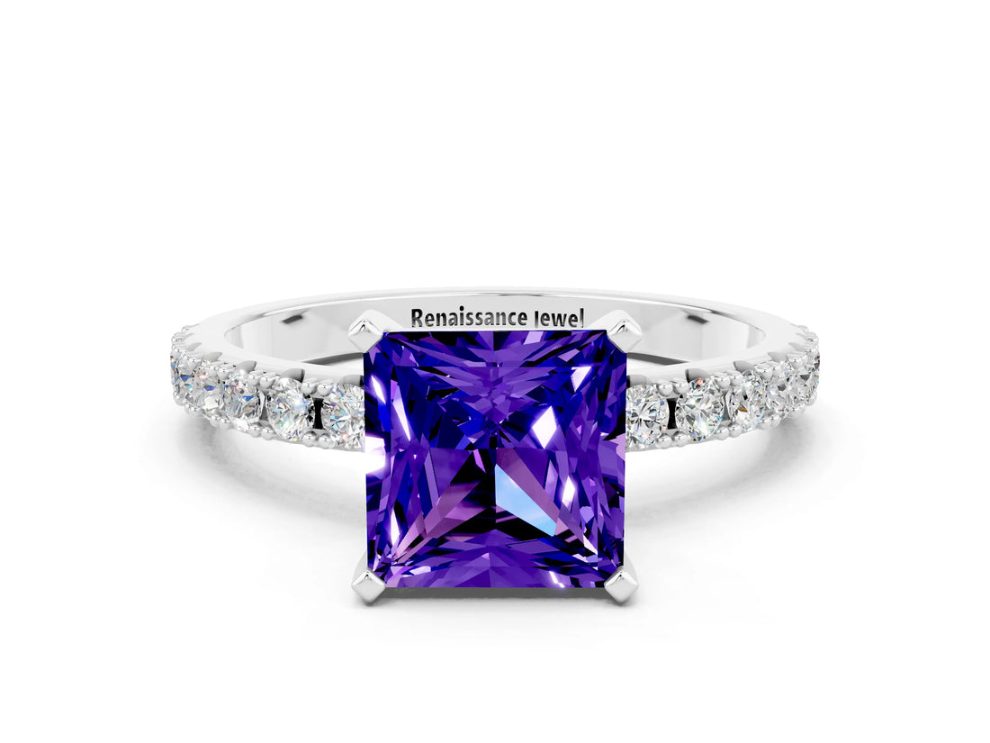 White gold Princess Cut Tanzanite Solitaire Pavé Band with Four-Prong Setting