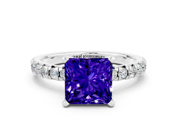 Platinum Princess Cut Tanzanite Solitaire Pavé Engagement Ring with Round Band and Prong Setting