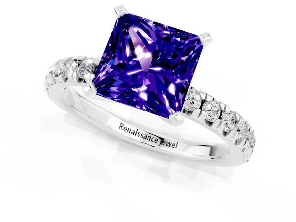 White gold Princess Cut Tanzanite Solitaire Pavé Engagement Ring with Round Band and Prong Setting