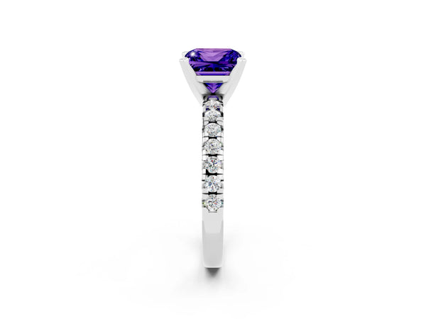 Platinum Princess Cut Tanzanite Solitaire Pavé Engagement Ring with Round Band and Prong Setting