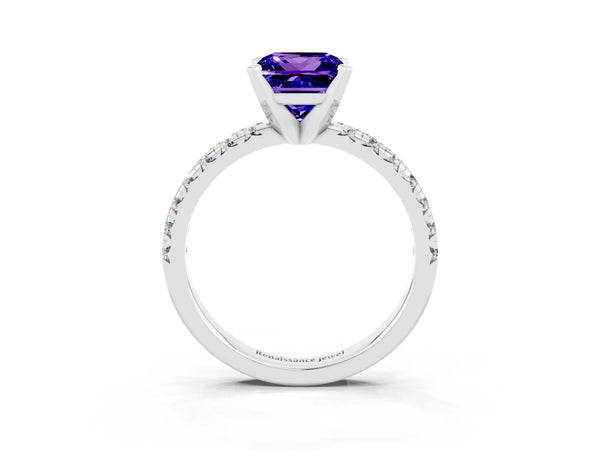 Platinum Princess Cut Tanzanite Solitaire Pavé Engagement Ring with Round Band and Prong Setting