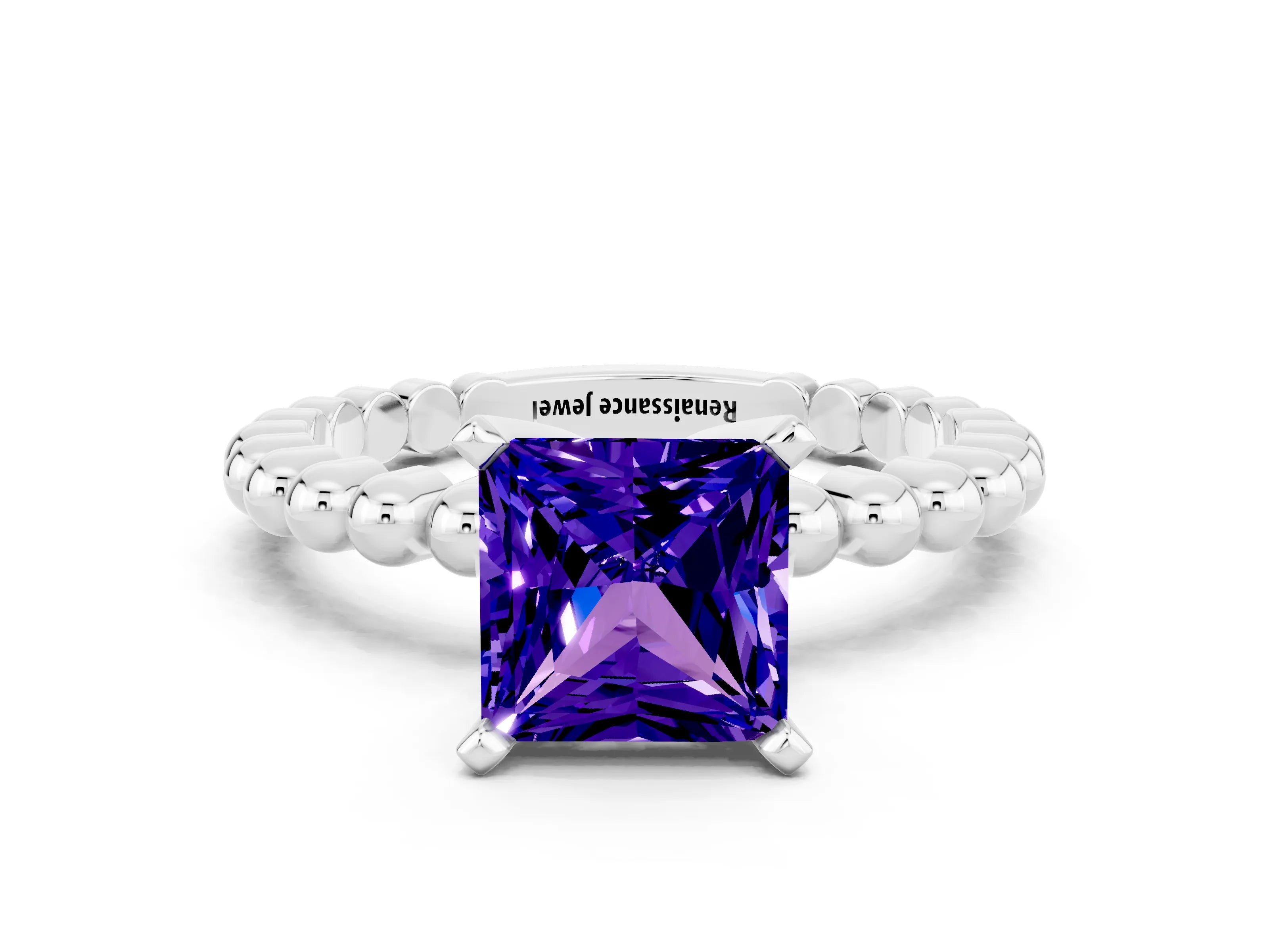 White gold Princess Cut Tanzanite Solitaire Ring with Beaded Band and Prong Setting