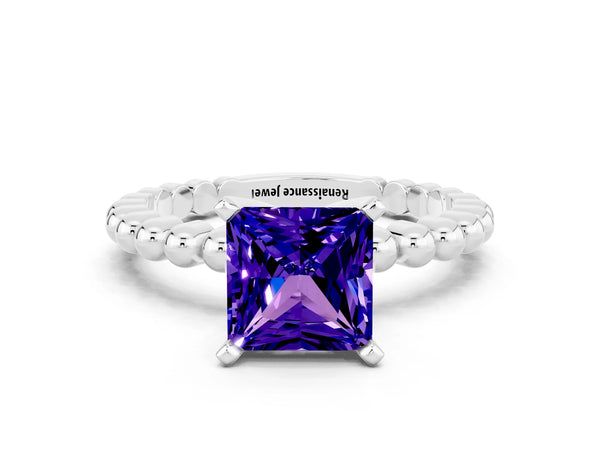 White gold Princess Cut Tanzanite Solitaire Ring with Beaded Band and Prong Setting