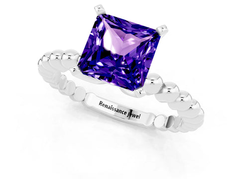 White gold Princess Cut Tanzanite Solitaire Ring with Beaded Band and Prong Setting_13