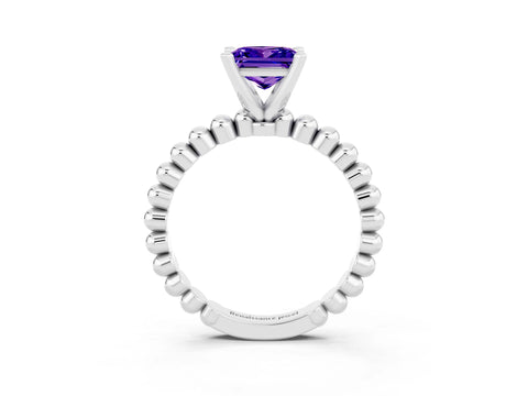 White gold Princess Cut Tanzanite Solitaire Ring with Beaded Band and Prong Setting_15