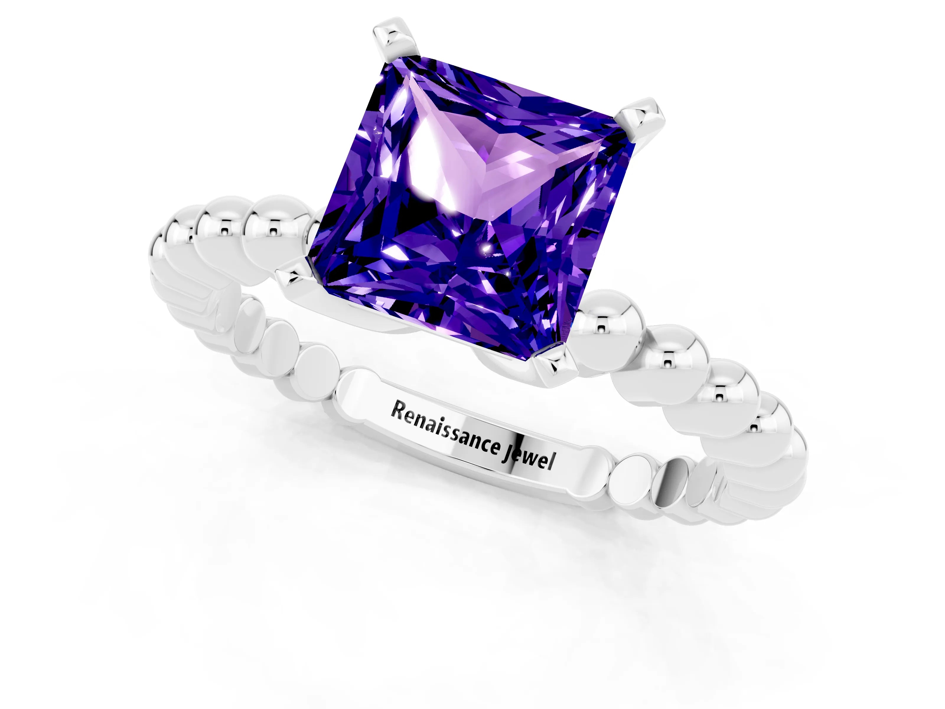 White gold Princess Cut Tanzanite Solitaire Ring with Beaded Band and Prong Setting_1