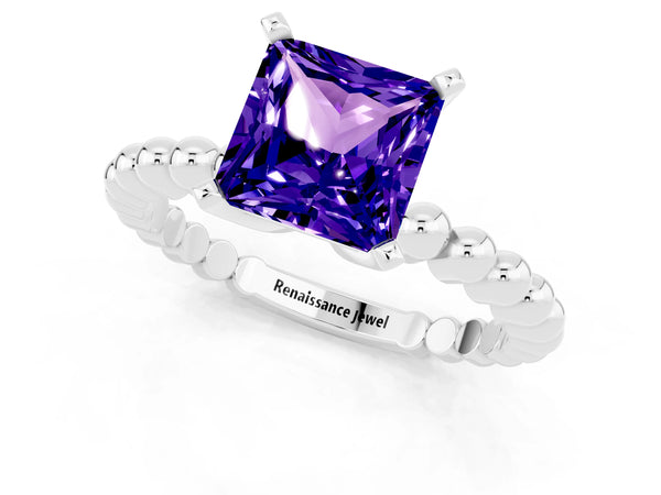 Silver Princess Cut Tanzanite Solitaire Ring with Beaded Band and Prong Setting