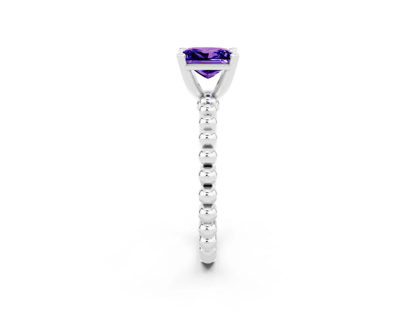 Silver Princess Cut Tanzanite Solitaire Ring with Beaded Band and Prong Setting