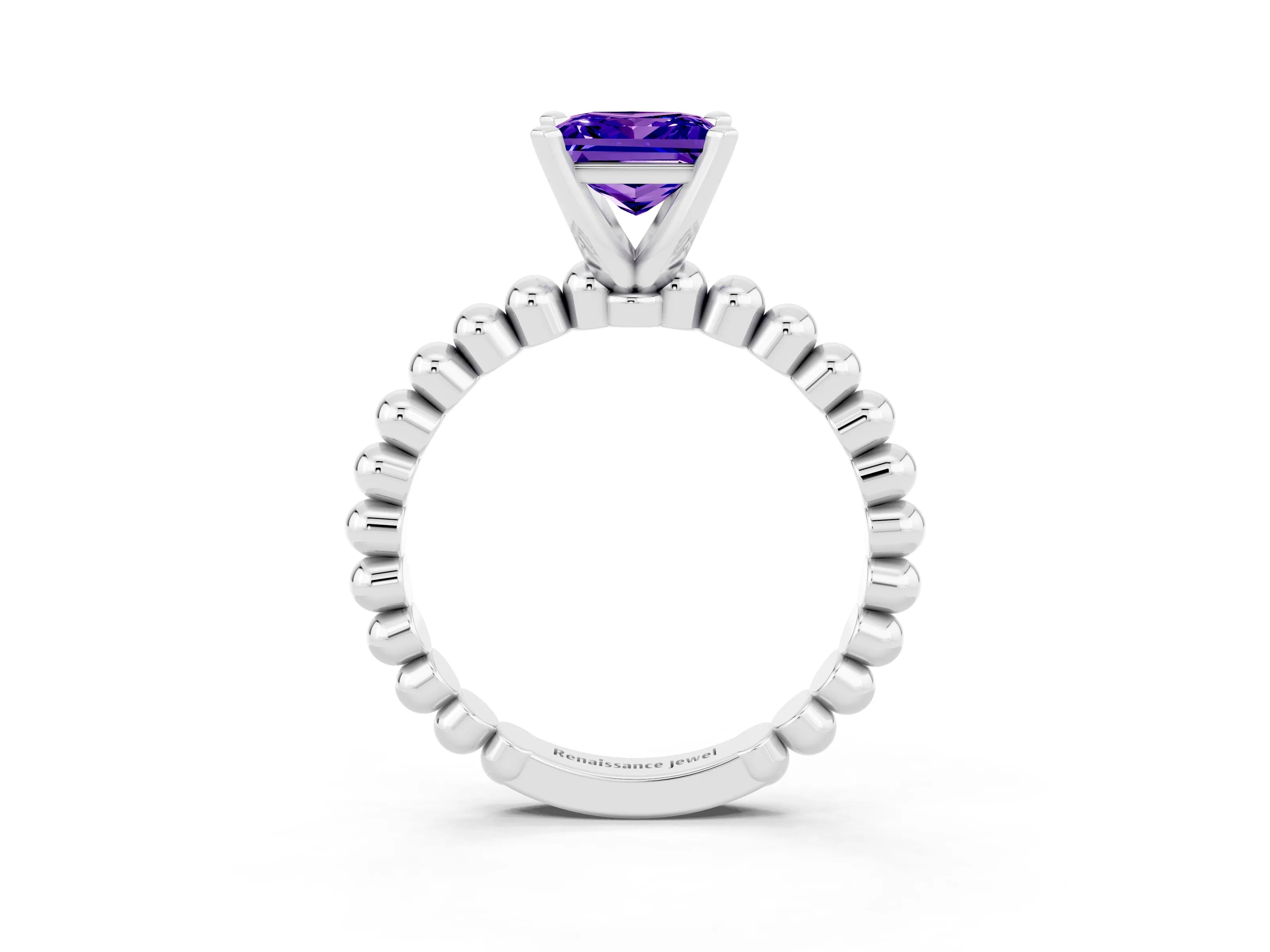 White gold Princess Cut Tanzanite Solitaire Ring with Beaded Band and Prong Setting_3