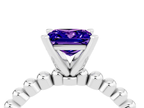 White gold Princess Cut Tanzanite Solitaire Ring with Beaded Band and Prong Setting_4