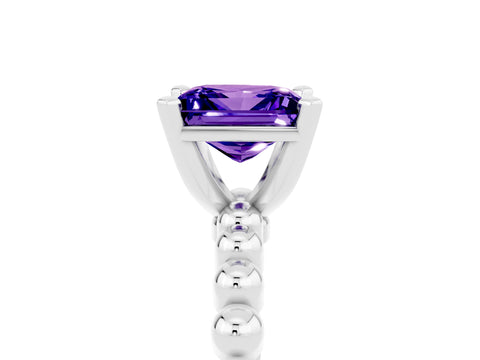 White gold Princess Cut Tanzanite Solitaire Ring with Beaded Band and Prong Setting_5