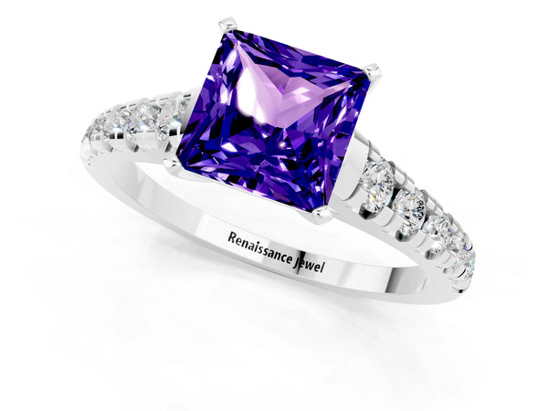 Platinum Princess Cut Tanzanite Cathedral Solitaire Ring with Round  Pavé Band