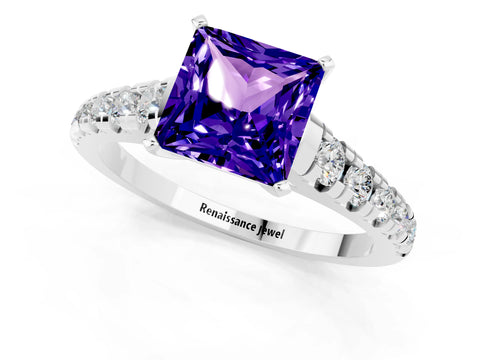 White gold Princess Cut Tanzanite Solitaire Ring with Cathedral Setting and Pavé Band_1