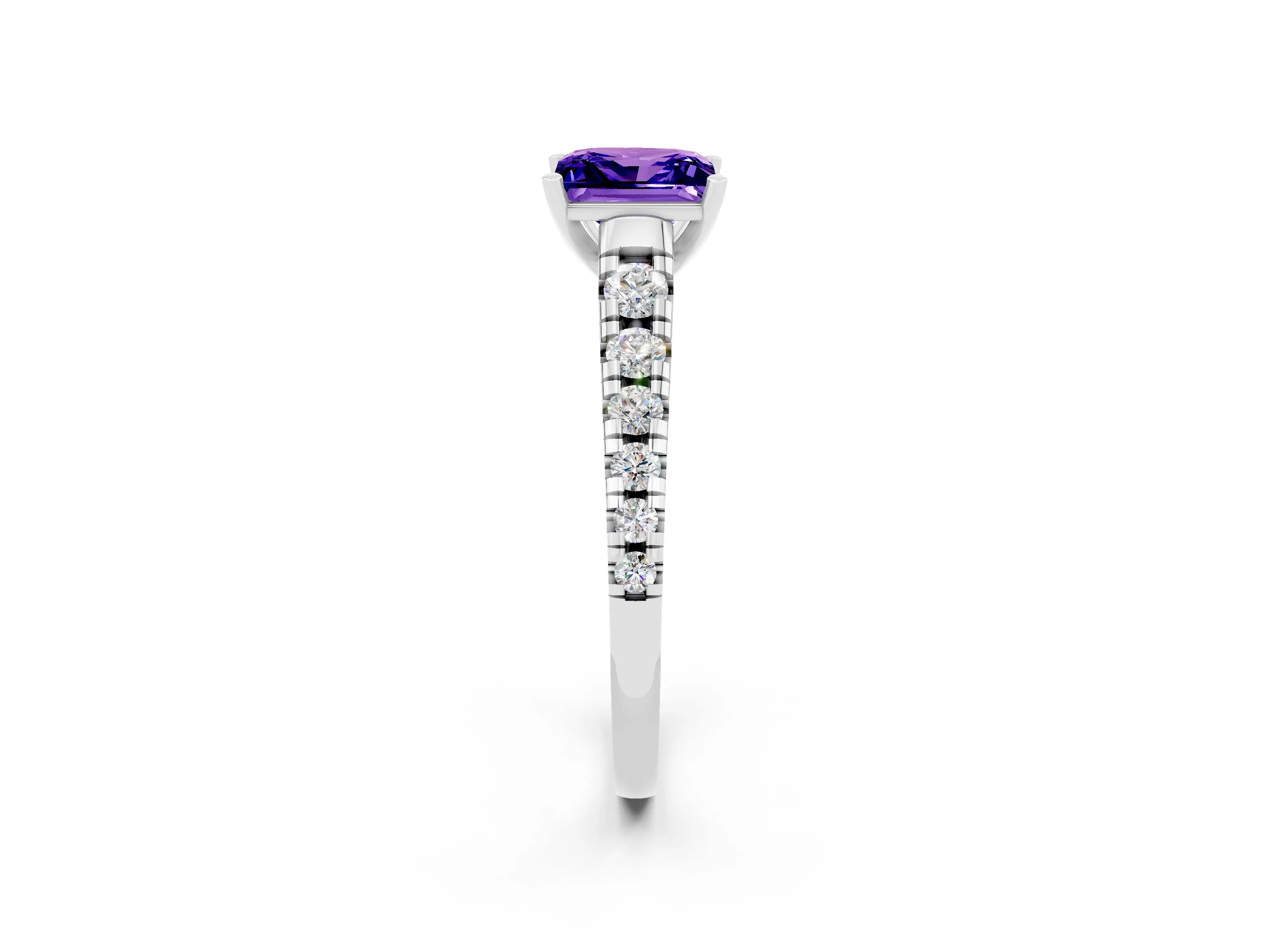 White gold Princess Cut Tanzanite Solitaire Ring with Cathedral Setting and Pavé Band_2
