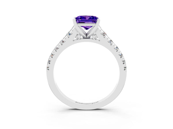 Platinum Princess Cut Tanzanite Cathedral Solitaire Ring with Round  Pavé Band
