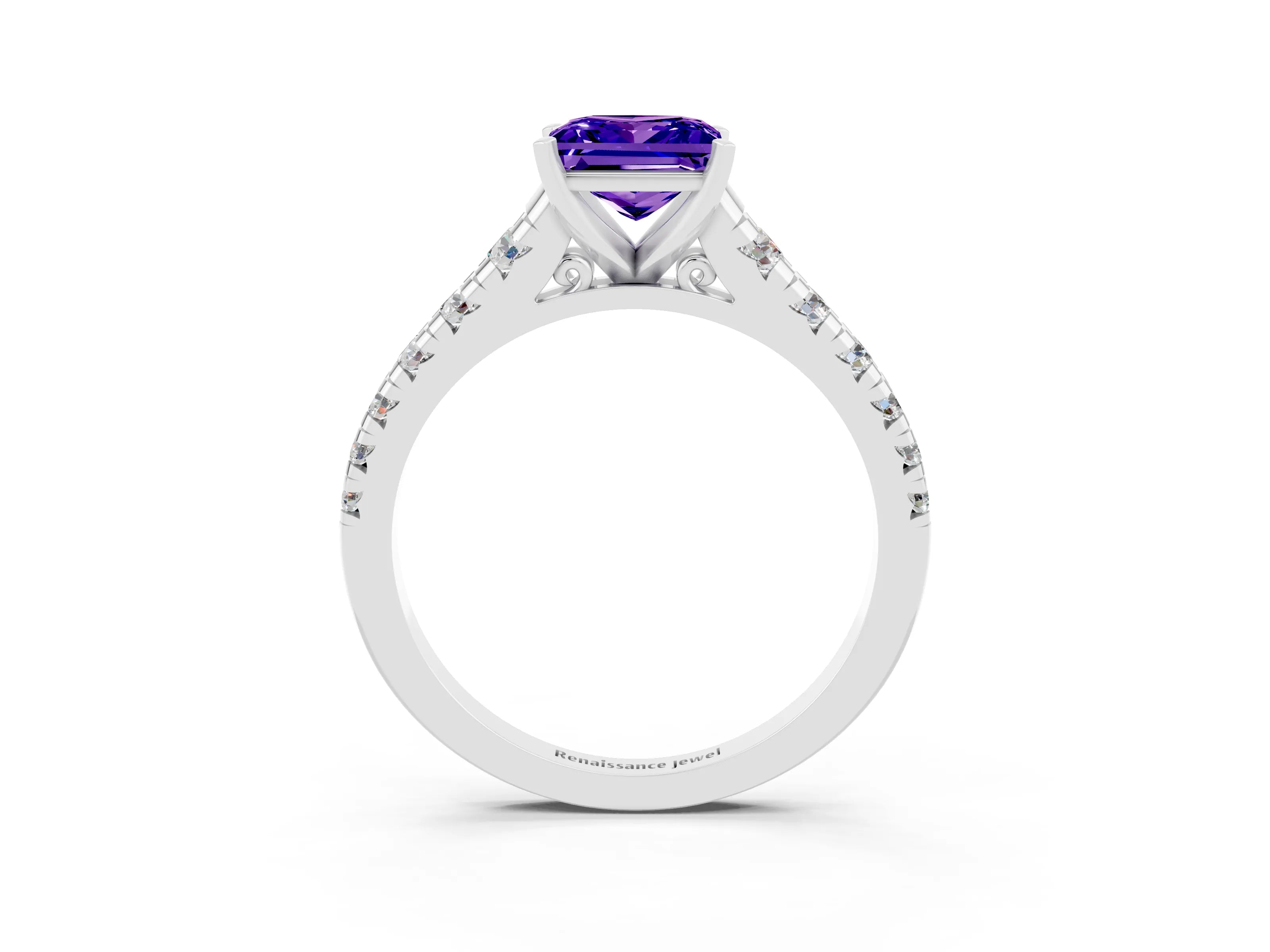 White gold Princess Cut Tanzanite Solitaire Ring with Cathedral Setting and Pavé Band_3