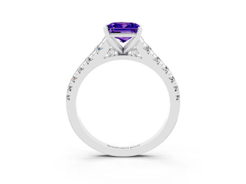 White gold Princess Cut Tanzanite Solitaire Ring with Cathedral Setting and Pavé Band_3