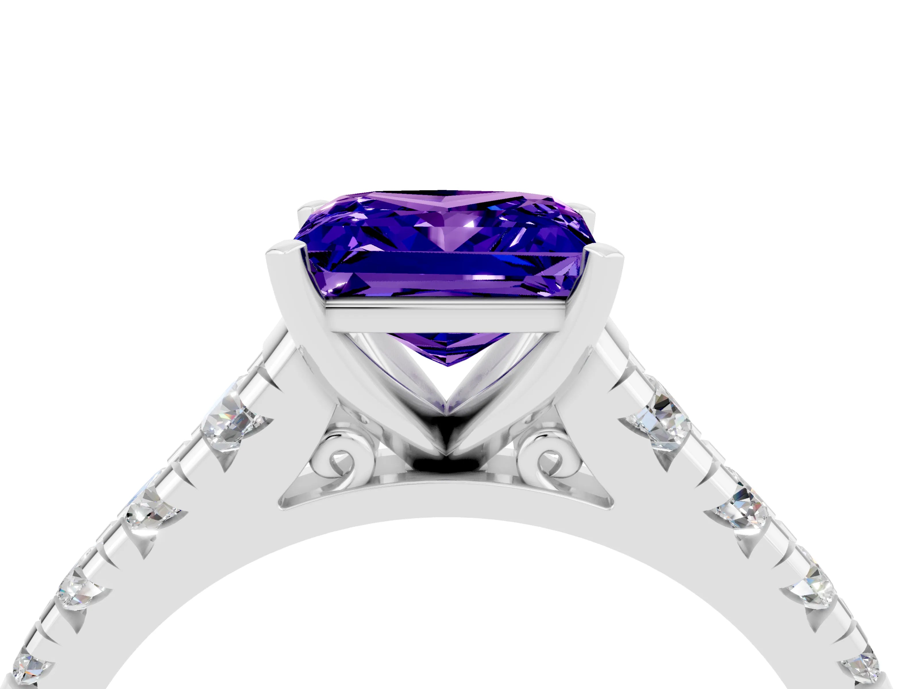 White gold Princess Cut Tanzanite Solitaire Ring with Cathedral Setting and Pavé Band_4