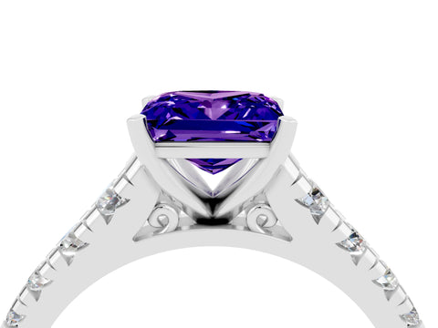 White gold Princess Cut Tanzanite Solitaire Ring with Cathedral Setting and Pavé Band_4