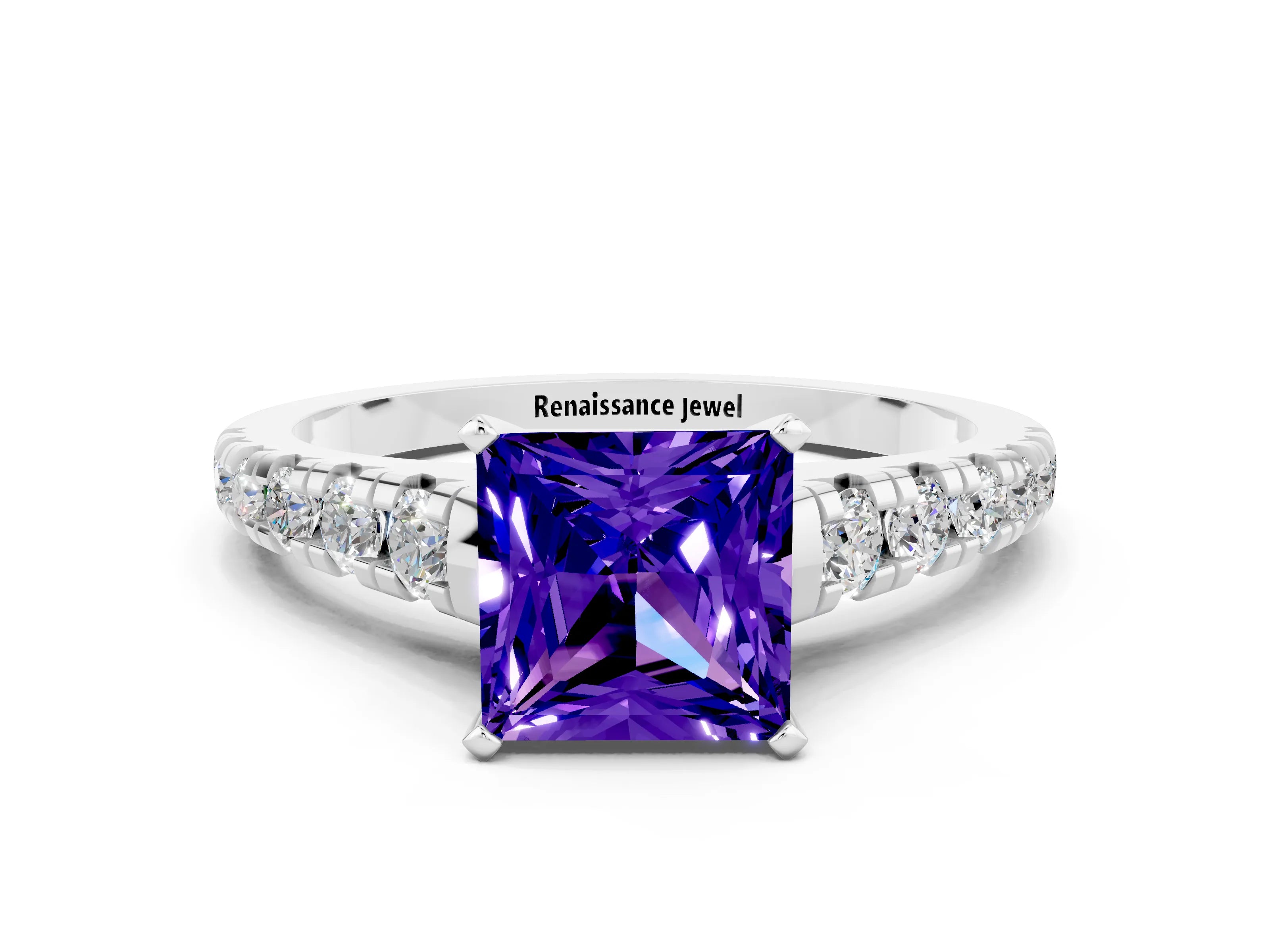 White gold Princess Cut Tanzanite Solitaire Ring with Cathedral Setting and Pavé Band