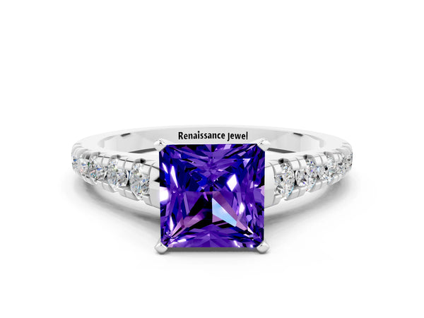 Silver Princess Cut Tanzanite Cathedral Solitaire Ring with Round  Pavé Band