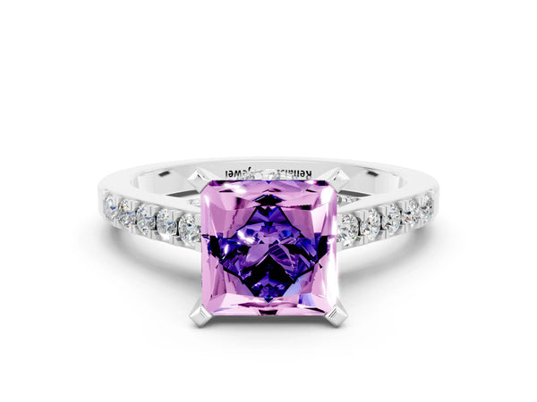 Silver Princess Cut Tanzanite Solitaire Ring with Crossover Gallery and Round  Pavé Band